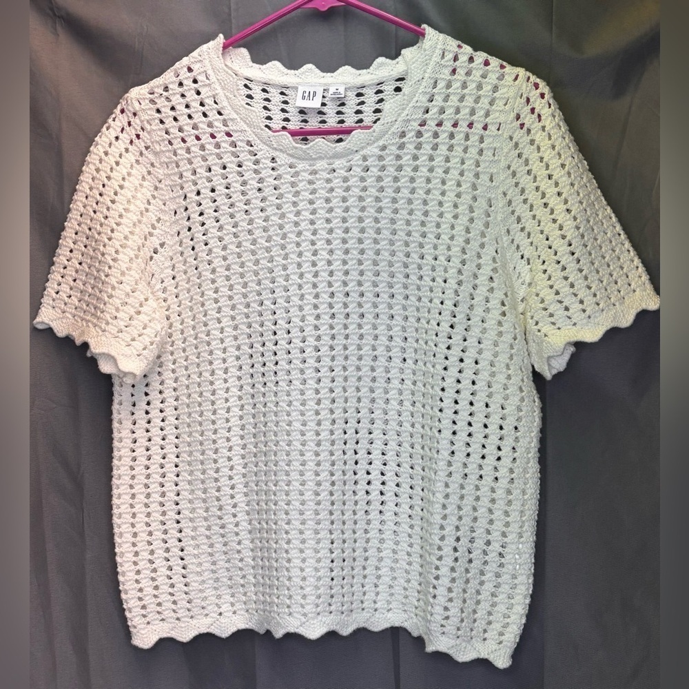 GAP Crochet Knit Short Sleeve Sweater White 100% Cotton Size Medium